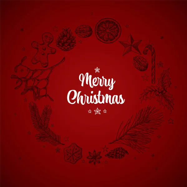 様々な季節の形をしたベクトルヴィンテージの手描きクリスマスカード ジンジャーブレッド ミステリー コーン 真ん中と赤の背景に白い文字で輪の中のナット — ストックベクタ