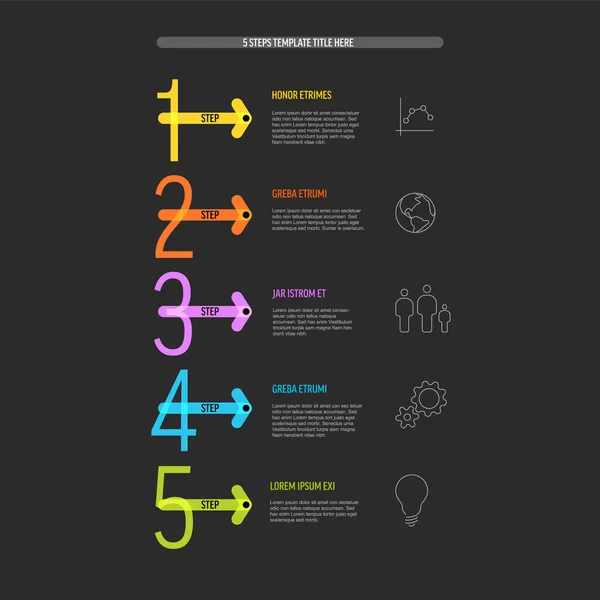 Uno Dos Tres Cuatro Cinco Vector Oscuro Progreso Pasos Plantilla — Archivo Imágenes Vectoriales