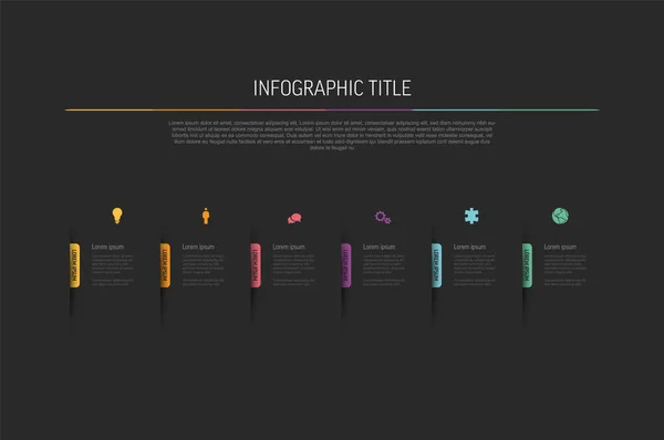 Dark Multipurpose Infografica Sei Elementi Con Segnalibri Colorati Icone Sfondo — Vettoriale Stock