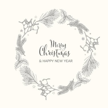 Yılbaşı çelenginde zencefilli ekmek, ökseotu, koni ve fındık içeren çeşitli mevsimlik şekilli Noel kartı çizilmiş.