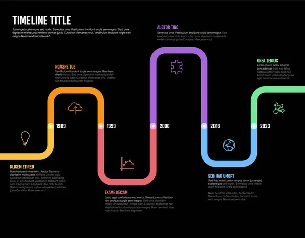 Società Infografica Vettoriale Pietre Miliari Curvo Timeline Template Scuro Spessore — Vettoriale Stock