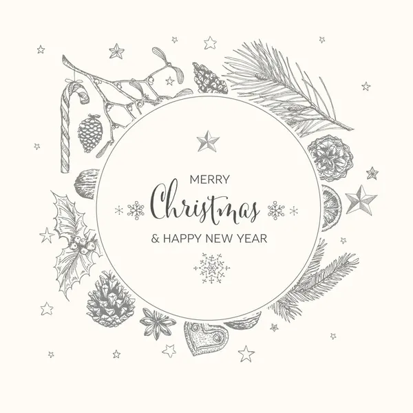 ジンジャーブレッド ミステリー コーン ナッツなど様々な季節の形をしたベクトルヴィンテージの手描きクリスマスカードリングフレームバージョン — ストックベクタ
