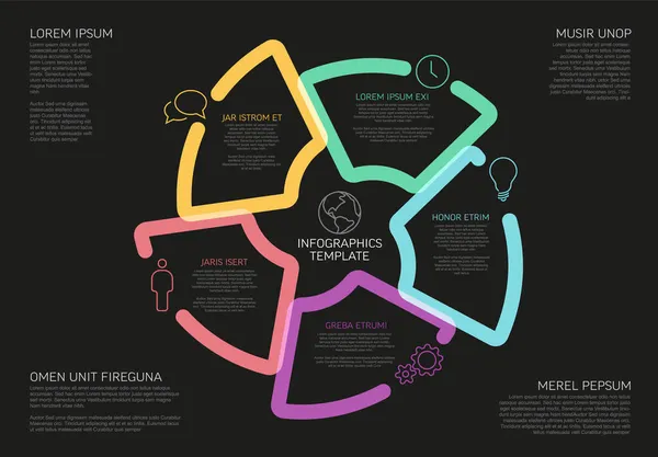 Beş Pasta Grafiği Simge Kısa Tanımlardan Oluşan Çok Amaçlı Bilgi — Stok Vektör