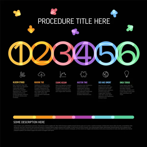 ベクトルプロセスはダークテンプレート図スキーマを進行させます 大きな数字のアイコンと説明を持つ6つの水平円ステップ 黒い背景に鮮やかな太い線の円 — ストックベクタ