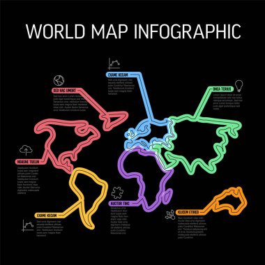 Vector world map Infographic rapor şablonu siyah arkaplan üzerinde simgeleri ve simgeleri olan dünya haritası kıtaları şeklindeki kalın işaretleyici çizgiler ve simgelerden yapılmıştır