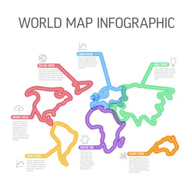 Vector world map Infographic rapor şablonu dünya haritası kıtaları şeklindeki kalın işaret çizgileri ve simgelerden yapılmıştır.