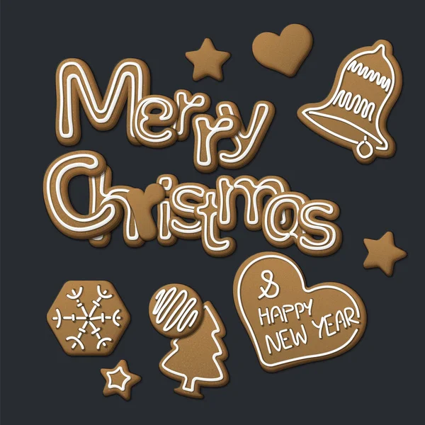 Feliz Cartão Natal Feito Várias Cartas Biscoitos Gengibre Doce Natal — Vetor de Stock