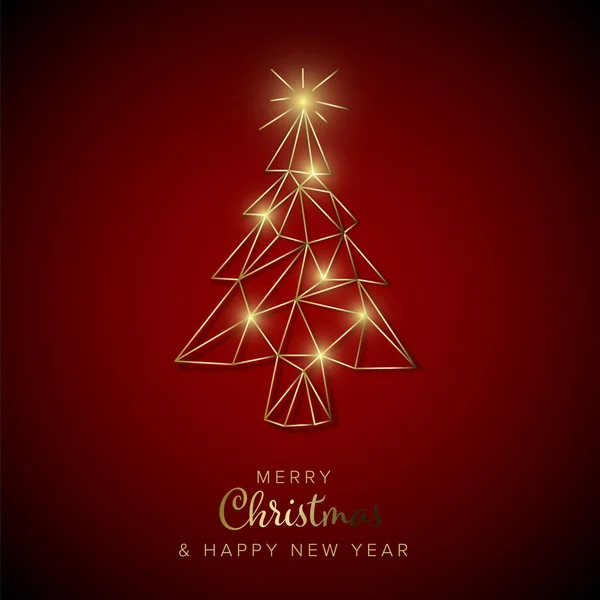 抽象的な黄金の幾何学的なクリスマスツリーとベクトル現代のトレンディーなクリスマスカード暗い赤の背景に光の影と赤の背景 — ストックベクタ