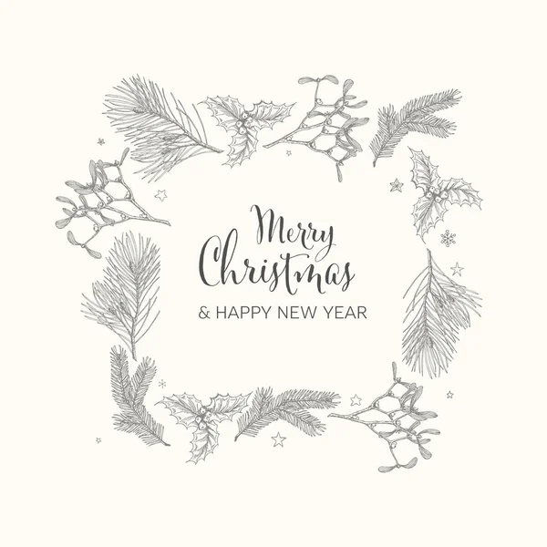 様々な季節の手書きの形をしたベクトルヴィンテージの手描きクリスマスカード ジンジャーブレッド ミステリー コーン クリスマススクエアフレーム上のナッツ — ストックベクタ