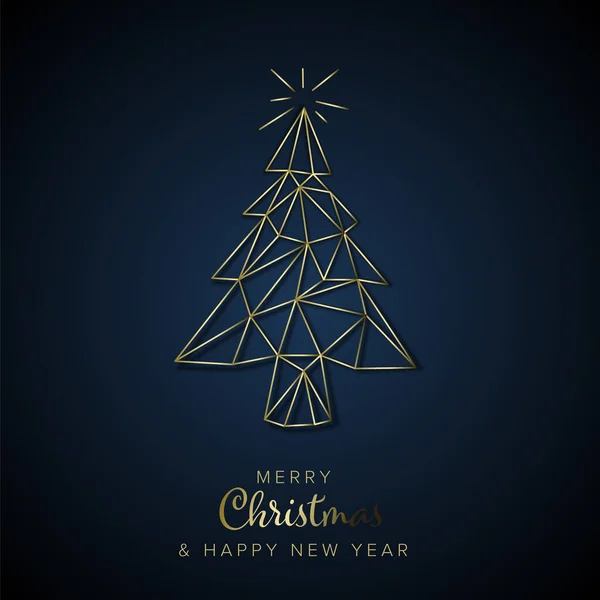 现代流行圣诞贺卡 带有抽象的金色几何图形 背景为深蓝色 阴影明亮的圣诞圣诞树 — 图库矢量图片