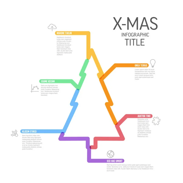 ベクトルクリスマスツリーアイコンと説明とクリスマスツリーピースの形状の太いマーカーラインとアイコンから作られたインフォグラフィックレポートテンプレート — ストックベクタ