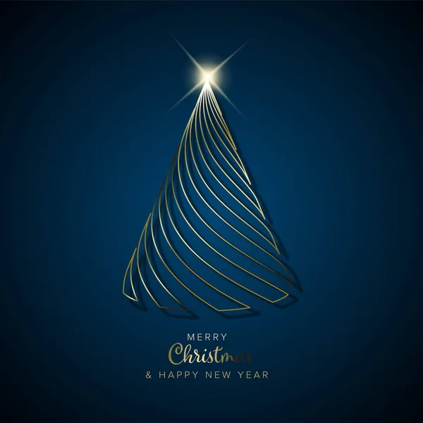 抽象的な黄金の幾何学的なクリスマスツリーとベクトル現代のトレンディーなクリスマスカードダークブルーの背景に光の影と白の背景 — ストックベクタ