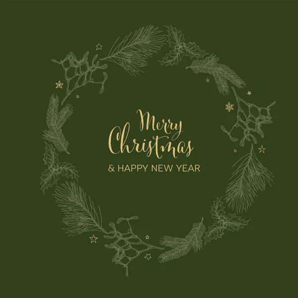 有各种季节性形状的矢量老式绿手圣诞贺卡 姜汁面包 圣诞花环框架上的坚果 — 图库矢量图片
