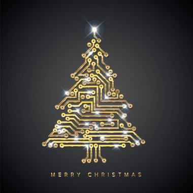 Koyu gri arkaplan ve beyaz ışıklandırmalı dijital altın elektronik devreden yapılmış Noel ağacı şablonu. Bilgisayar fütüristik Noel kartı.