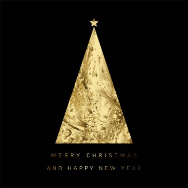 Soyut altın üçgen noel ağacı ve minimalist basit harfli siyah, basit, modaya uygun noel kartı. Metalik altın trend mutlu yeni yıl kartı düzeni. 