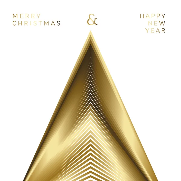 抽象的な黄金の三角形の幾何学クリスマスツリーとベクトルライト現代的なシンプルなトレンディーなクリスマスカード黄金の線とミニマルなシンプルなレタリングから作られた — ストックベクタ
