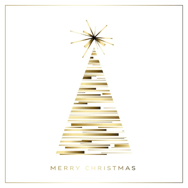 抽象的な黄金の三角形のクリスマスツリーとベクトル白の現代的なシンプルなトレンディーなクリスマスカード黄金の線とミニマルなシンプルなレタリングから作られました メタリックゴールデントレンディーな幸せな新年カードレイアウト — ストックベクタ