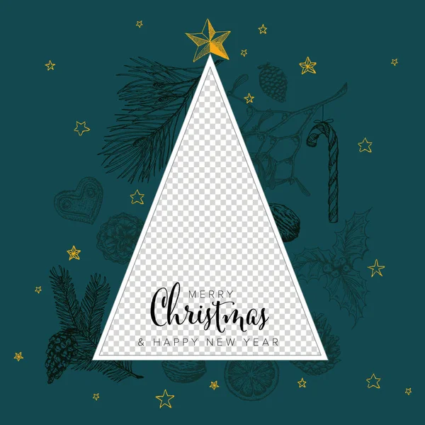 家族の写真のプレースホルダとヴィンテージベクトル手描きクリスマスカード カスタマイズ可能な編集可能な家族のクリスマスカードのレイアウトテンプレート 三角形と暗い要素とダークブルーのバージョン — ストックベクタ