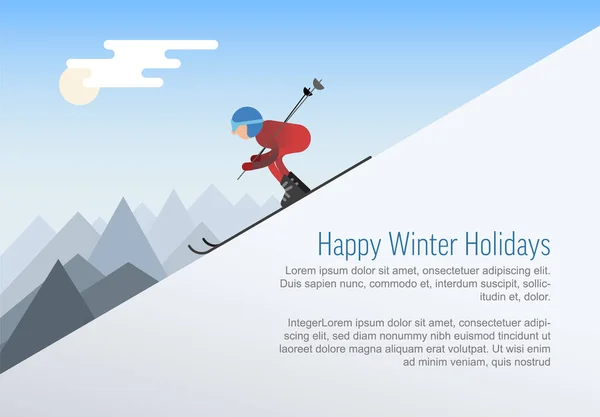 Winter Holiday Card Template Flat Design Skier Sliding Snowy Hill — Stock Vector