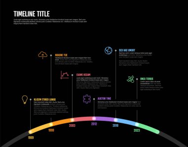 Vector Infographic Company Milestones arc curved Timeline Template. Thick marker time line template version with icons on black background. Thick Color Timeline with curve, icons and text content