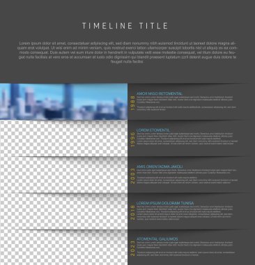 Vector simple infographic vertical time line template with stripe photo placeholders on dark paper stripes. Business company timeline overview profile with photos and text blocks. Multipurpose photo timeline infograph or infochart.