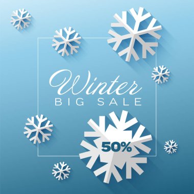 Winter cool minimalist sale circle label made from minimalist paper cut snowflakes with place for your text. Circle winter discount flyer banner social media post status or cover illustration - blue version