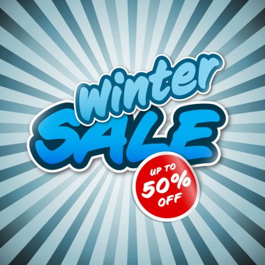 Blue sale label with sun ray background, sale text content as stickers and a big red price tag sticker - price sale announcement for social media or banner template