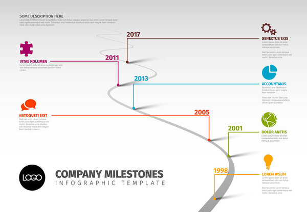 Vector Infographic Company Milestones Timeline Template with pointers on a curved road line pointing on the side of the infochart where is short description title and icon
