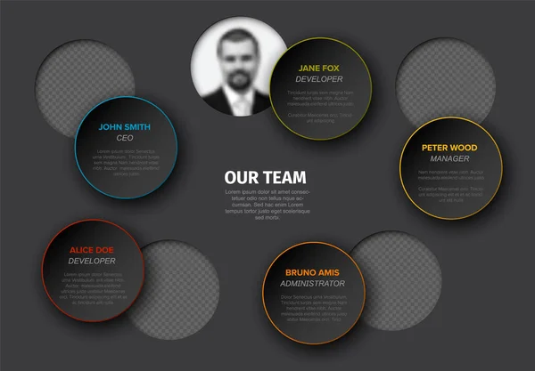 Company Team Dark Presentation Template Circle Team Profile Photos Placeholders — Vettoriale Stock