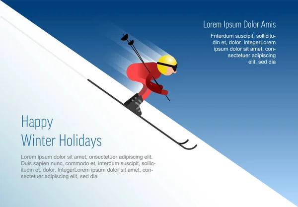 Winter Holiday Card Template Flat Design Skier Sliding Snowy Hill — Stock Vector