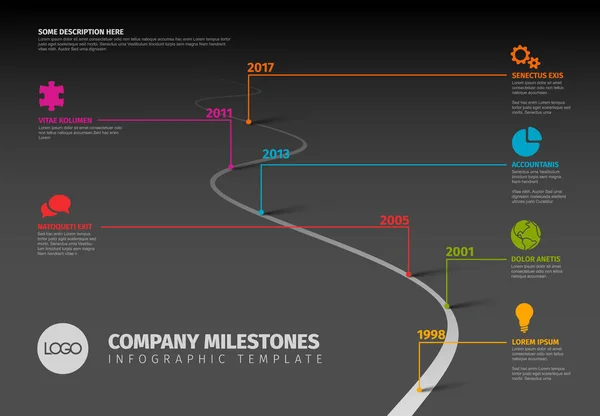 Vector Dark Infographic Company Milestones Timeline Template Con Puntatori Una — Vettoriale Stock
