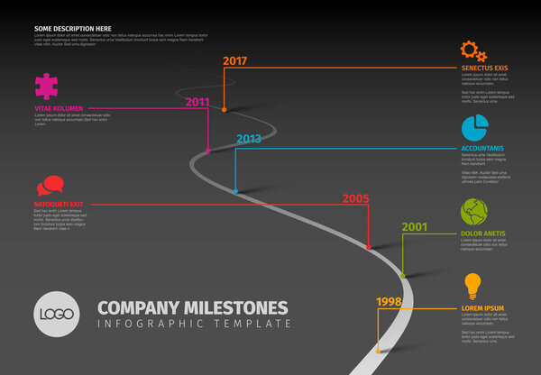 Vector Dark Infographic Company Milestones Timeline Template with pointers on a curved road line pointing on the side of the infochart where is short description title and icon