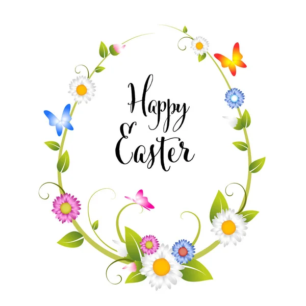 Happy Easter Minimalistisch Voorjaarskaartsjabloon Met Een Nieuw Blad Bloemen Vlinders — Stockvector