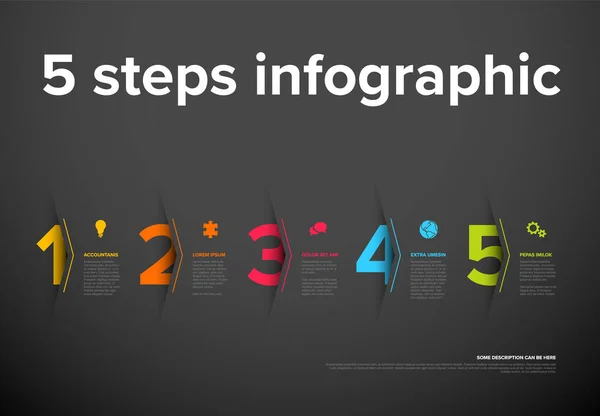 Modèle Progression Vectoriel Cinq Étapes Sombres Avec Grandes Flèches Des — Image vectorielle