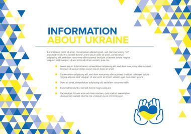 Ukrayna Işık Bilgileri broşürü a4 poster şablonuna örnek içeriği, mavi ve sarı unsurlara sahip yatay beyaz arkaplan sürümü ve Ukrayna hakkında bilgi