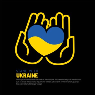 Ukrayna destek ikonu kavramsal kalp ilüstrasyon etiketini sosyal medya başlığı veya poster şablonu için kaydet. Siyah arkaplanda Ukrayna desteği için mavi ve sarı kalp