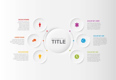Büyük çember etrafında altı element seçeneği ve başlıklı çok amaçlı bilgi şablonu. Modern renklere sahip çok amaçlı Infochart. Rahatlama çemberleri ve hafif arkaplanı olan bilgi