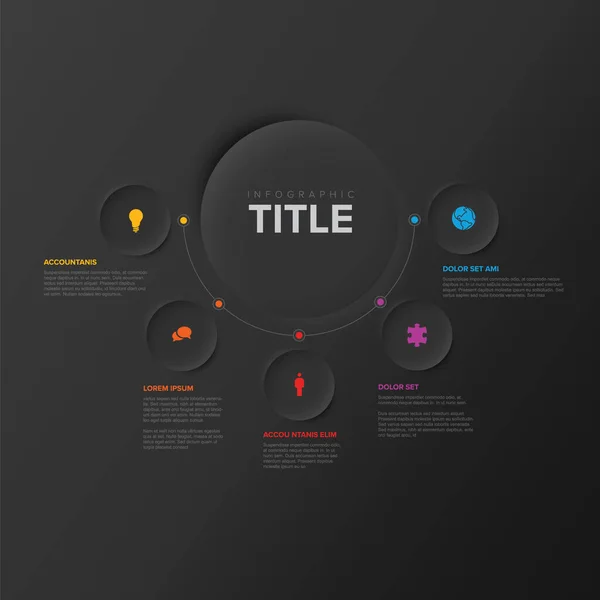 Vector Donker Multifunctioneel Infographic Sjabloon Met Titel Vijf Elementen Opties — Stockvector