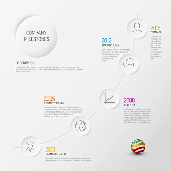 Infographic Vooruitgang Tijdlijn Template Met Reliëf Cirkel Elementen Met Pictogrammen — Stockvector