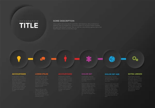背景に説明とアイコンと虹色のカラフルなタイムラインを持つ6つの光救済円から作られたベクトルダークプログレスステップテンプレート 色のアイコンと暗い灰色のタイムライン — ストックベクタ