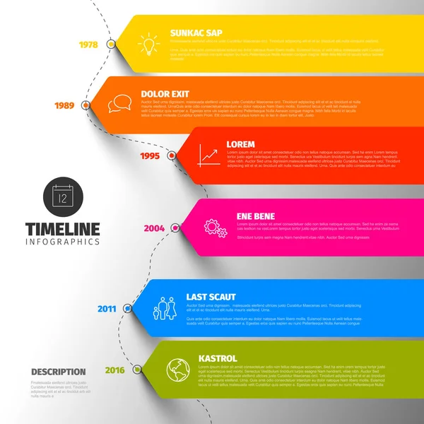 Vektor Bunte Infografik Typografische Timeline Berichtsvorlage Mit Den Größten Meilensteinen — Stockvektor