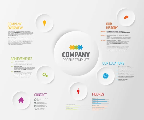 Firmeninfografische Profildesign Vorlage Mit Modernen Symbolelementen Auf Relief Lichtkreisen Unternehmensleistungen — Stockvektor