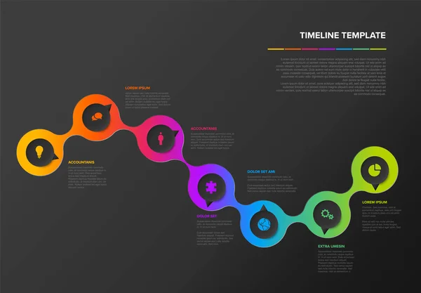 Vektorová Tmavá Infographic Company Milníky Časová Osa Šablona Kruhovými Ukazateli — Stockový vektor