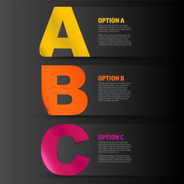 Üç seçenek sürümü için üç büyük ABC harfli basit bir şablon ya da bir açıklama için basamaklı bir bilgi. Koyu renk üç seçenekli ürün sürümleri için şablon.