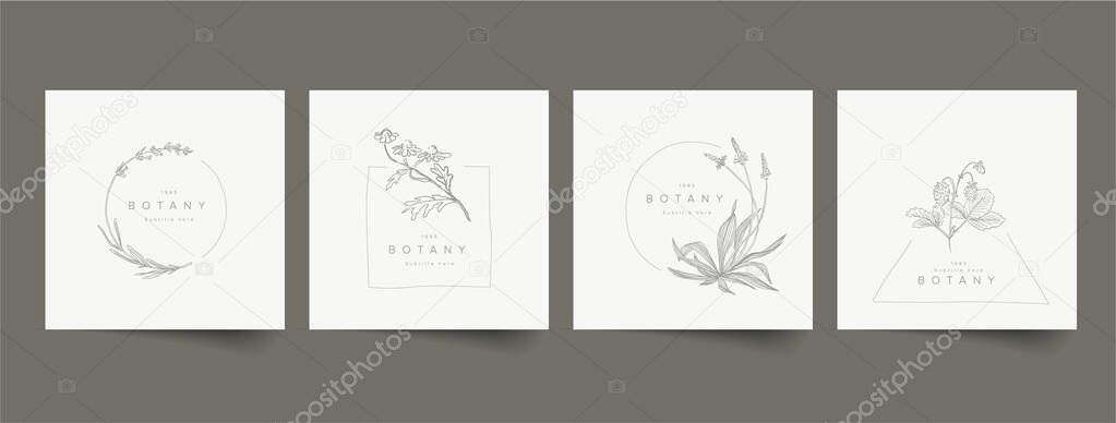 Minimalist floral emblem sign geometry frames template collection made from simple flowers and leafs for wedding invitations product print or emblem sign