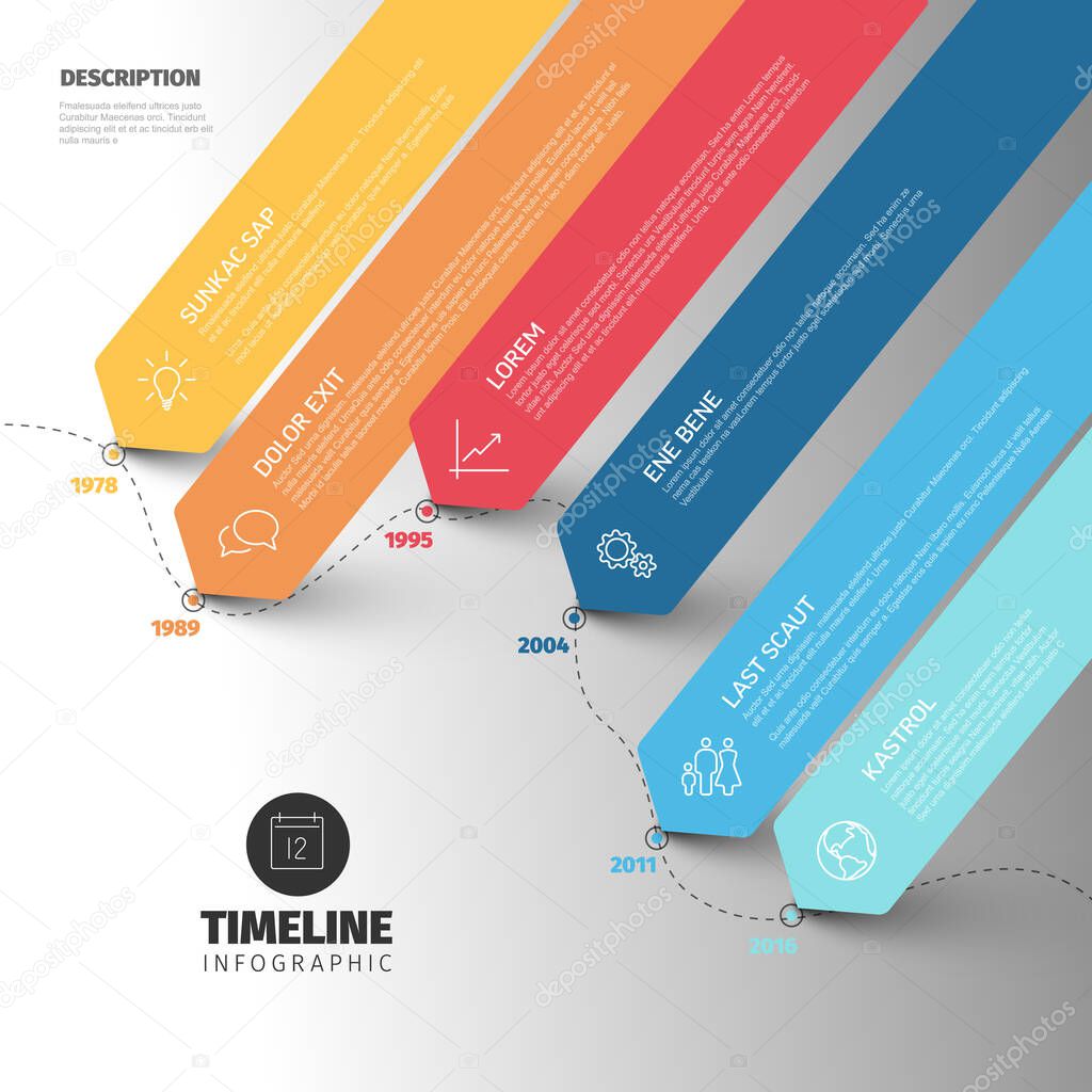 Vector pastel color Infographic timeline report template with the biggest milestones, years and description - diagonal red and blue infochart version with long stripes