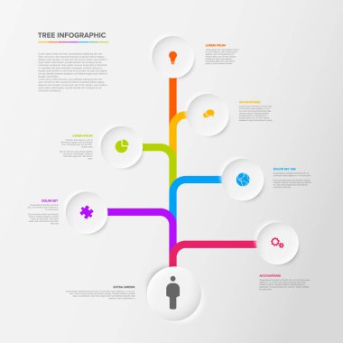 Çemberler halinde altı çeşitlilik seçeneğiyle ağaç bilgi grafikleri şablonu. Açık gri arkaplan üzerinde çeşitli dalları olan çok amaçlı bilgi şablonu