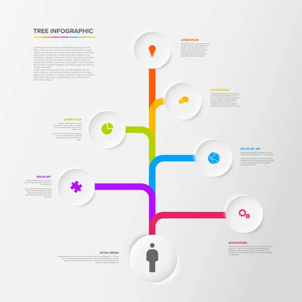 Tree Infographics Template Six Diversity Options Circles Various Colors Multipurpose — Vettoriale Stock