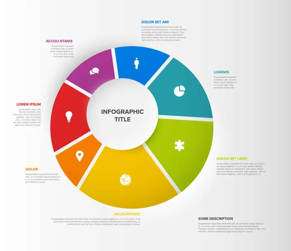 Modello Infografico Multiuso Vettoriale Composto Sette Grafici Torta Icone Brevi — Vettoriale Stock