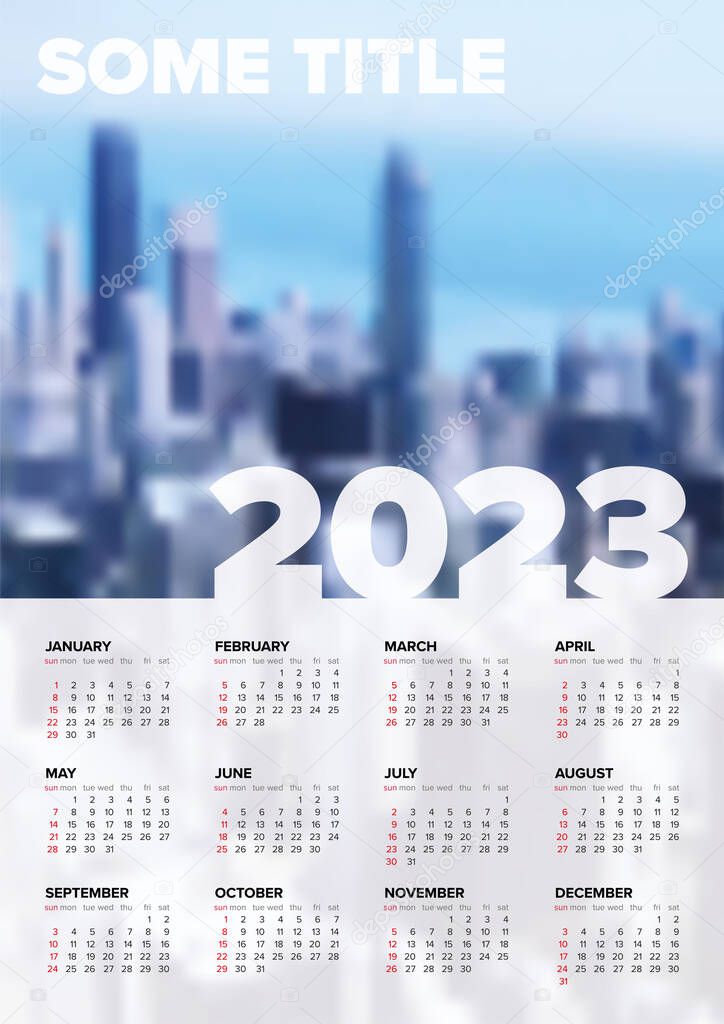 Vector white calendar layout template for the year 2023 (weeks strart sunday) with place for your photo. Light vertical template with all calendar months - simple minimalistic calendar template